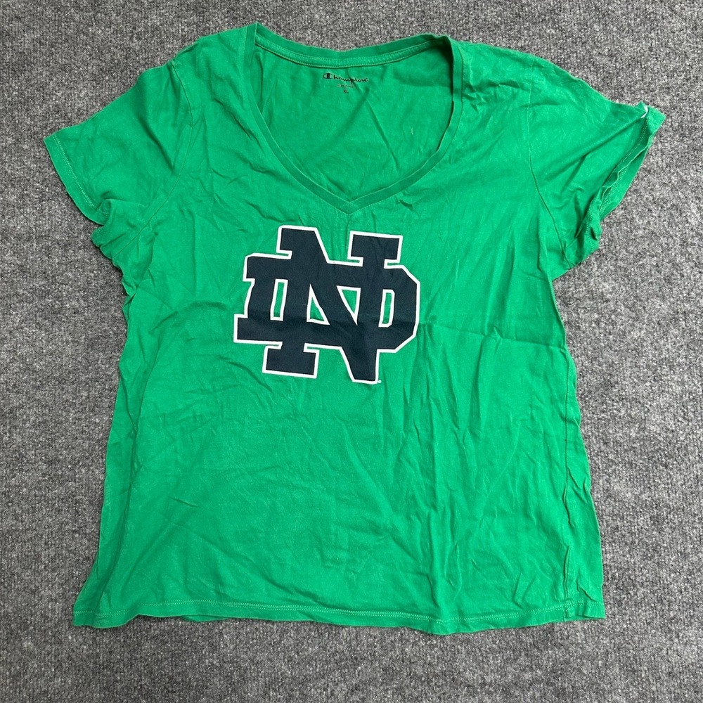 Champion T-Shirt Womens XL Green Notre Dame Fighting Irish V-Neck Cotton Tee